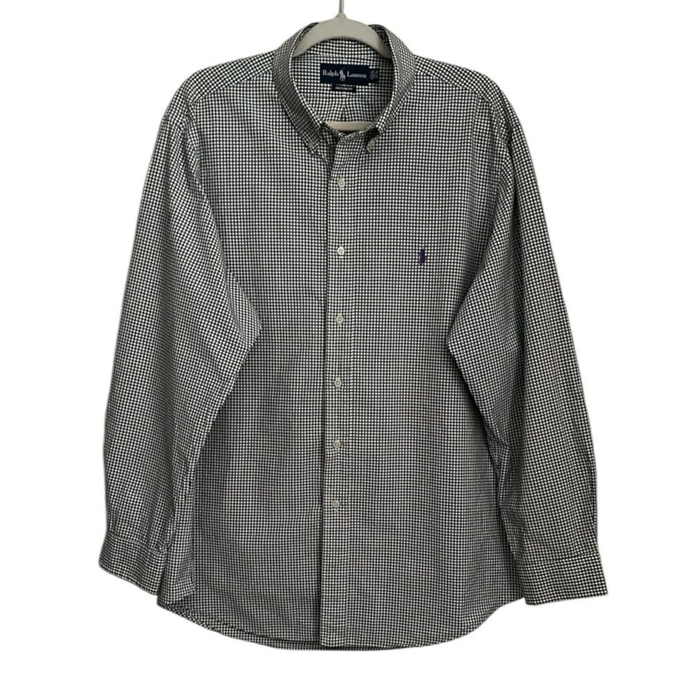 Ralph Lauren Custom Fit Men's Button Down Shirt Black White Gingham Plaid Size L